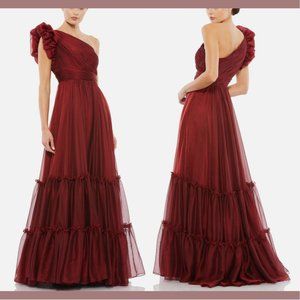 NWT $498 Mac Duggal [ 6 ]‎ Ruffle One Shoulder Chiffon A-Line Gown Red Wine